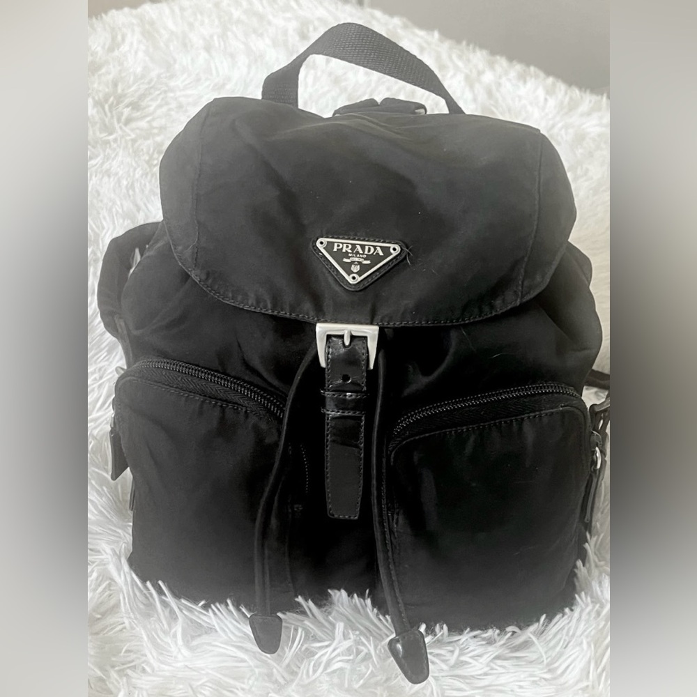Authentic Prada Tessuto Vela Leather and Nylon Double Pocket Backpack Black